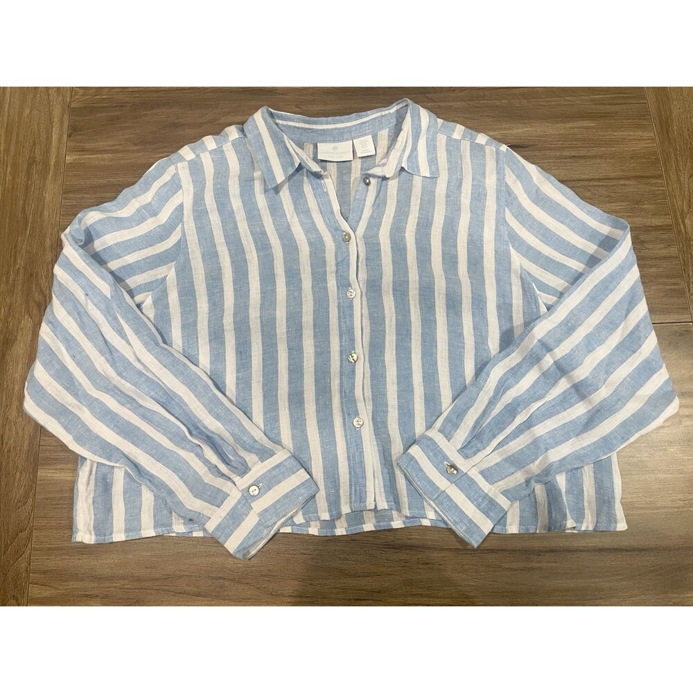 Cynthia Rowley XLarge Blue Striped 100% Linen Long Sleeve Crop Boxy Shirt Beach